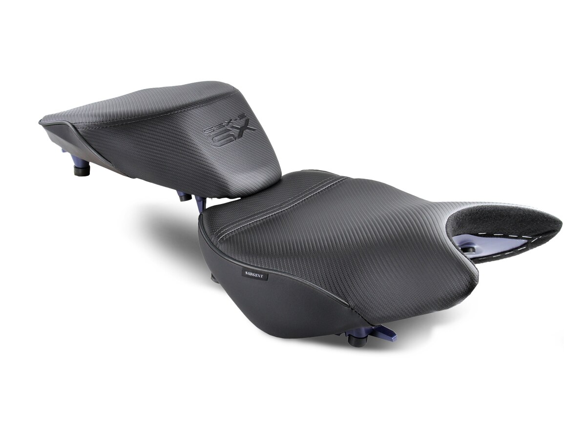 Suzuki GSX-S 1000GX Motorcycle Seats by Sargent with CFX, Black Welt, and the GX Logo on the black motorcycle.